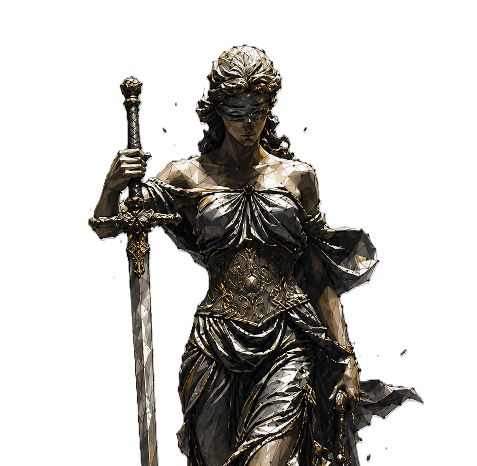 Illustrated statue holding a sword and scales